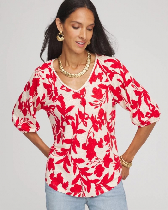 Chicos Floral Braided Linen Top - RED GLOW