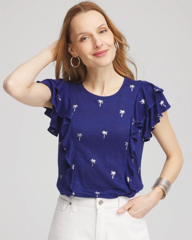 Chicos Foiled Flutter-Sleeve Linen Tee - BLUE CASA