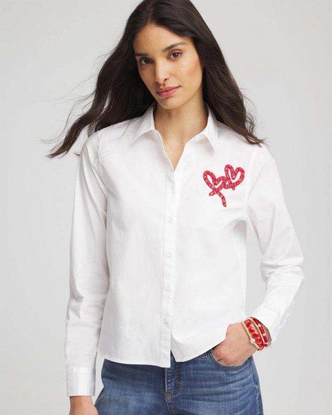 Chicos Crystal Heart Poplin Shirt - ALABASTER