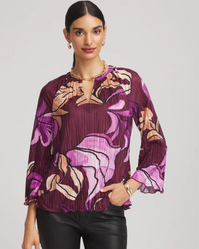 Chicos Printed Pleated V-Neck Tee - DEEP CHIANTI