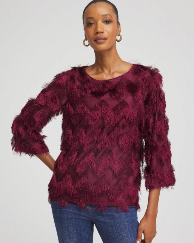 Chicos Chevron Fringe Party Top - DEEP CHIANTI