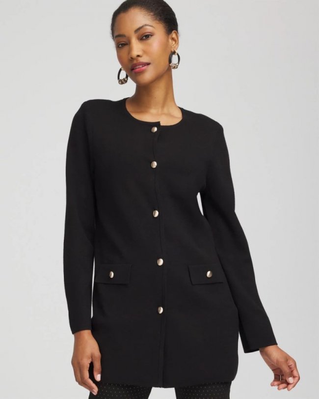 Chicos Button-Down Crewneck Coatigan - BLACK