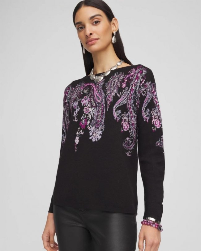 Chicos Jacquard Paisley Pullover Sweater - BLACK