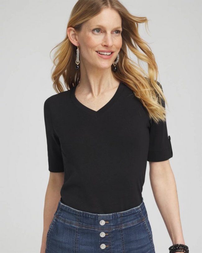 Chicos Pima V-Neck Tee - BLACK