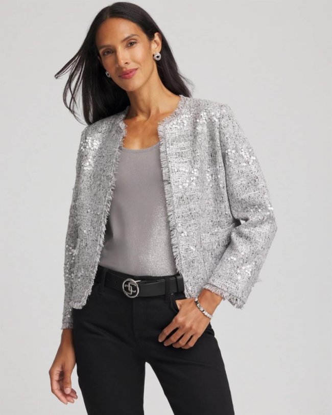 Chicos Silver Sequins Tweed Jacket - SILVER