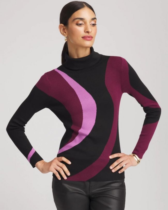 Chicos Ella Turtleneck Intarsia Sweater - BLACK