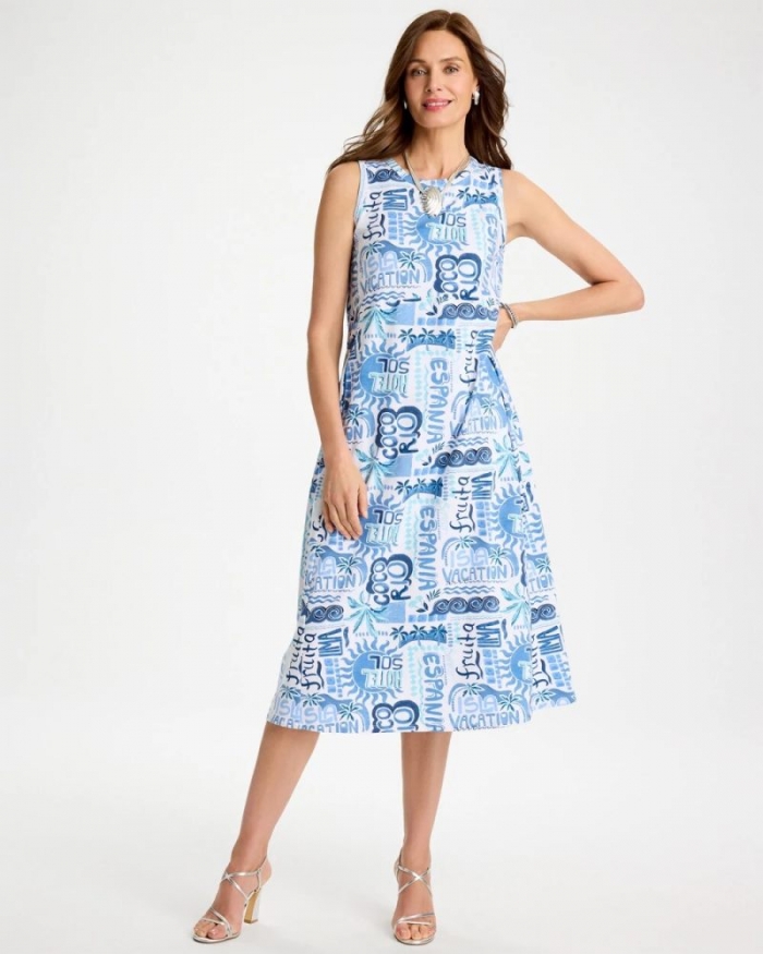 Chicos Soft-Stretch Sleeveless Tropical Dress - PASSPORT BLUE