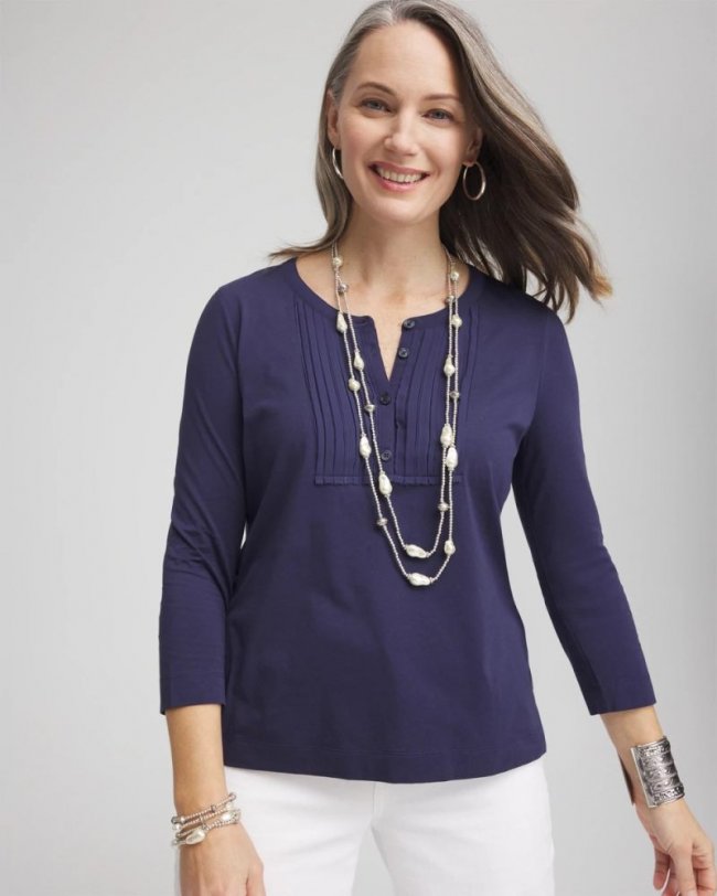 Chicos Pleated Placket Henley Tee - PASSPORT BLUE