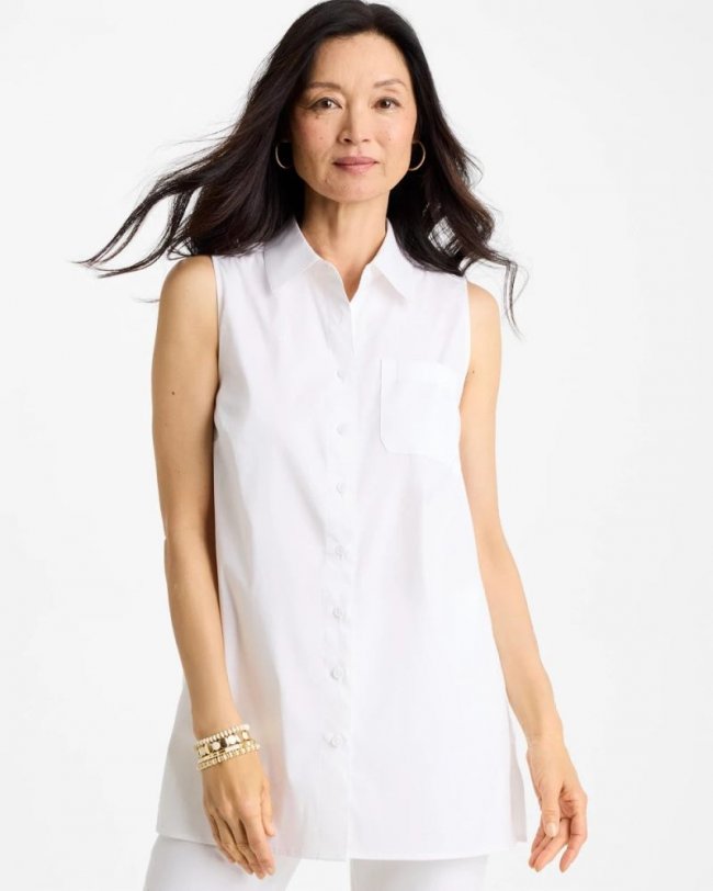 Chicos Poplin Cotton Collared Tunic - ALABASTER