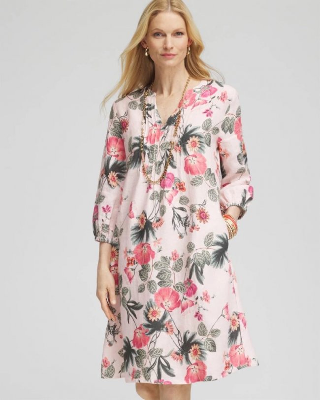 Chicos Floral Linen Pintuck 3/4 Sleeved Dress - MULTI