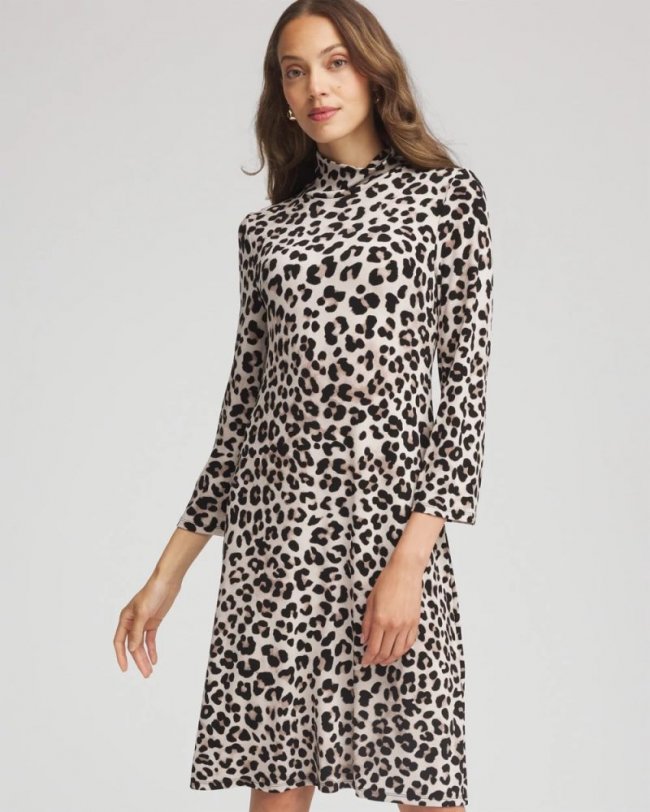 Chicos Travelers™ Animal-Print Mockneck Midi Dress - DEEP TAUPE