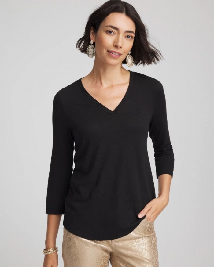 Chicos Slub 3/4 Sleeve Tee - BLACK