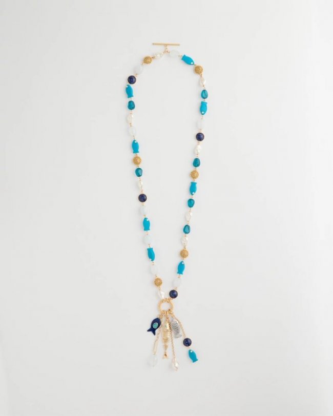Chicos Convertible Turquoise Fish Charm Necklace - BLUE MULTI