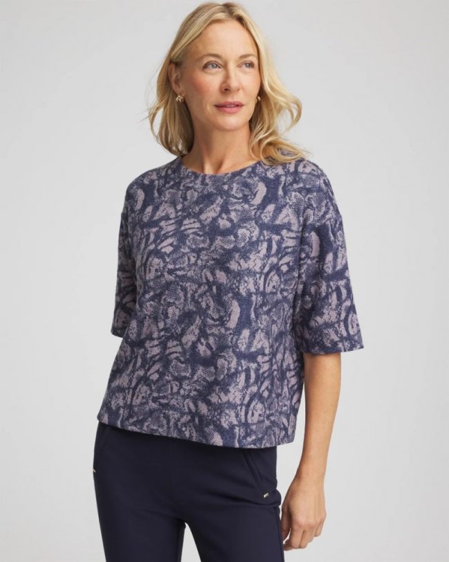 Chicos Animal Cozy Crewneck Tee - INDIGO SKY