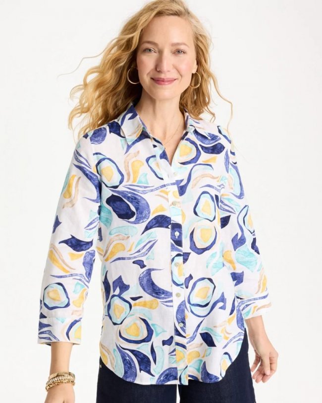 Chicos No Iron Linen Handpainted Print Shirt - PASSPORT BLUE