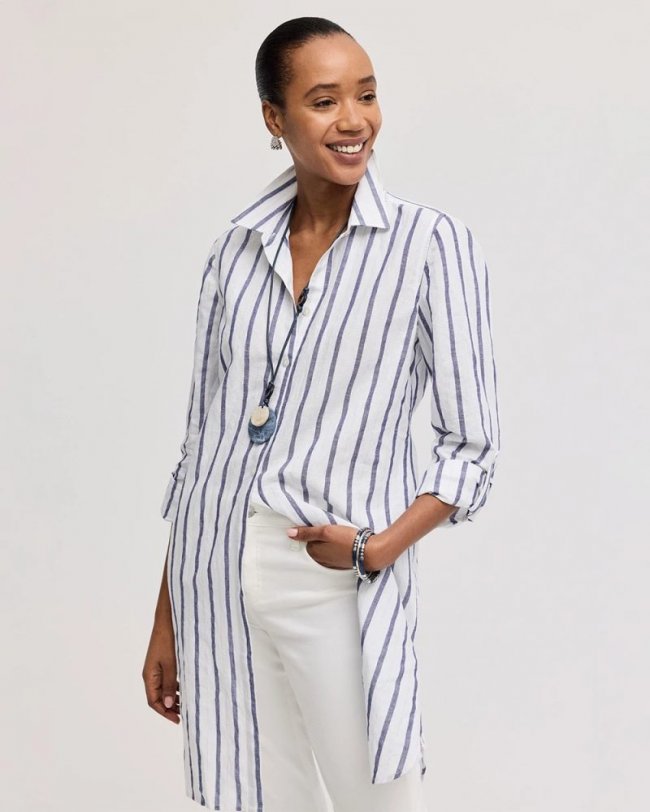 Chicos Linen Metallic Striped Duster Shirt - ALABASTER