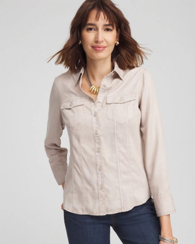 Chicos Split Cuff Denim Pocket Shirt - HELIUM