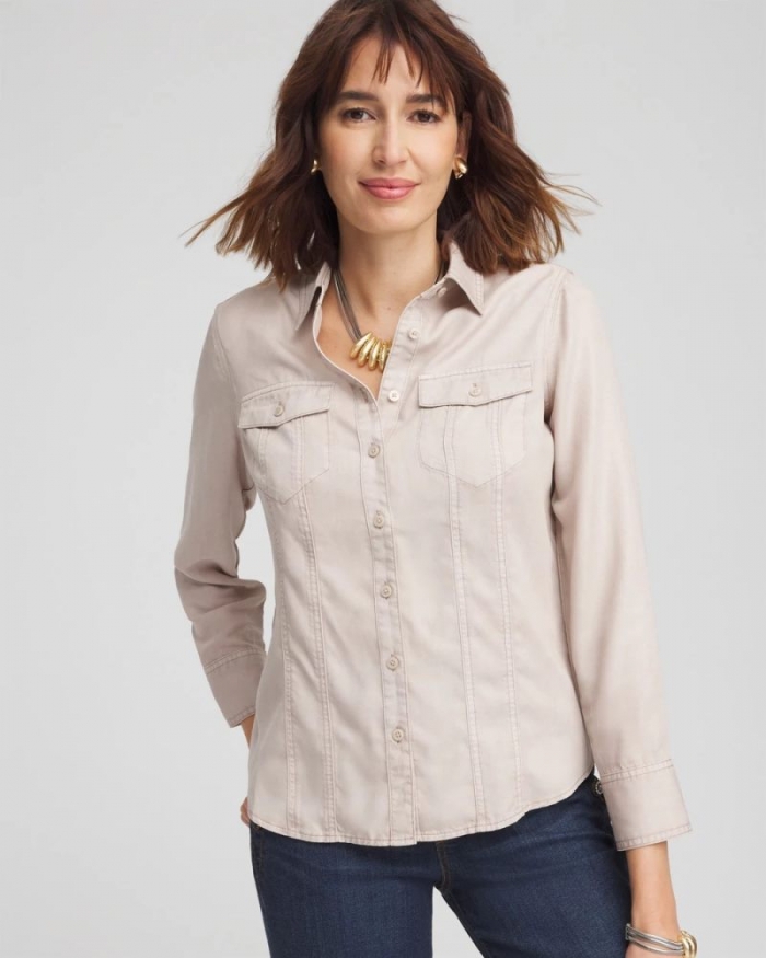 Chicos Split Cuff Denim Pocket Shirt - HELIUM