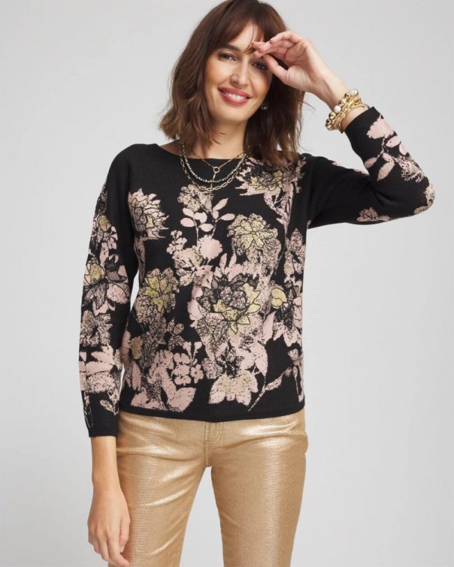 Chicos Foil Dolman-Sleeve Sweater - BLACK