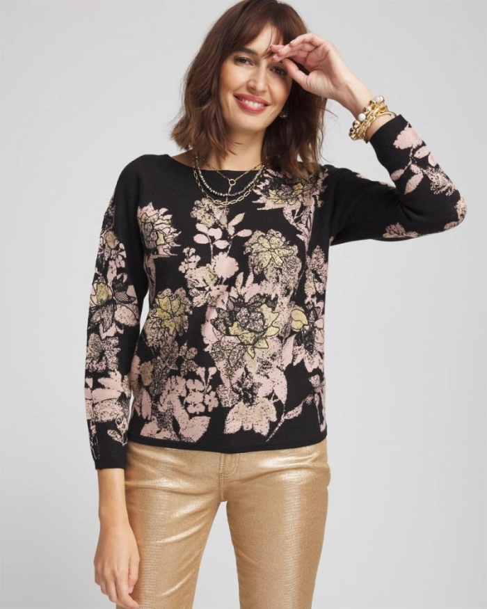 Chicos Foil Dolman-Sleeve Sweater - BLACK