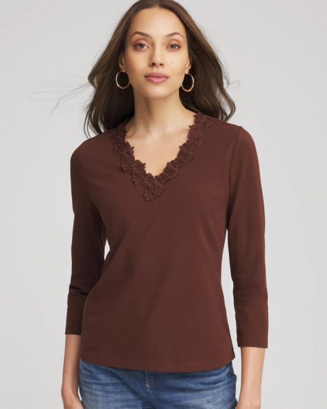 Chicos Lace Stretch-Cotton Tee - CACAO