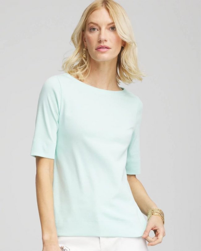 Chicos Pima Cotton Bateau-Neck Tee - TEAL WATERS