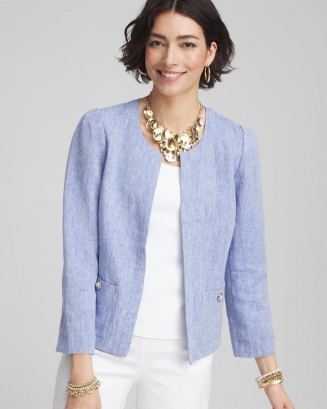 Chicos Collarless Linen Blazer - BLUE
