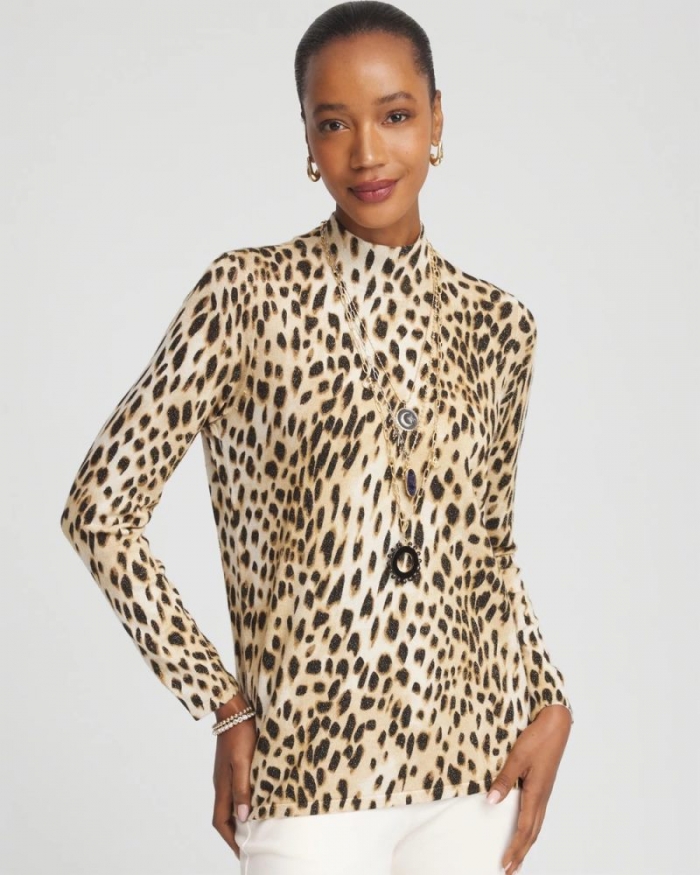 Chicos Ella Mockneck Animal-Print Pullover Sweater - ENGLISH CREAM