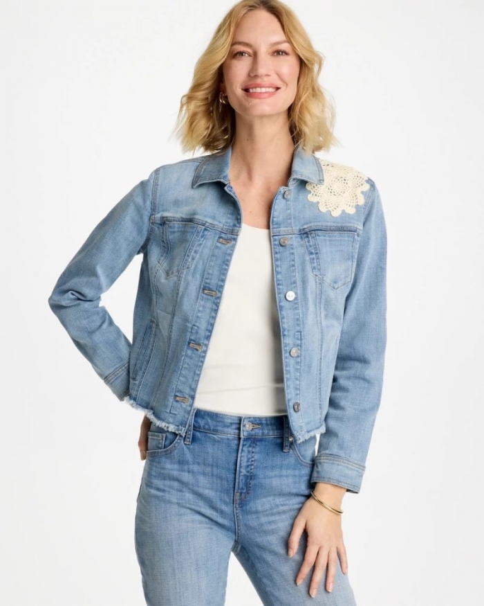 Chicos Embroidered Frayed Denim Trucker Jacket - CORAL REEF INDIGO