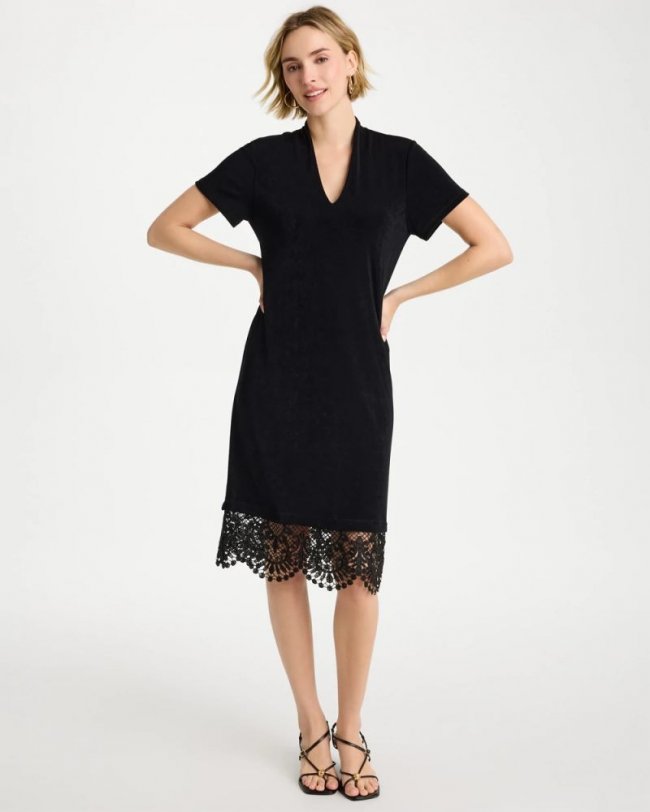 Chicos Travelers™ Lace Hem V-Neck Dress - TRAVELERS BLACK Chicos Travelers™ Lace Hem V-Neck Dress - TRAVELERS BLACK