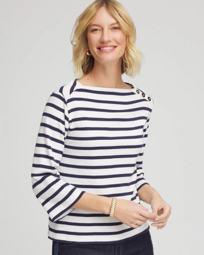 Chicos Bateau Neck Stripe Top - ECRU