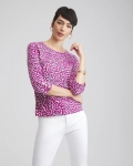 Chicos Squares 3/4 Sleeve Button Tee - MAGENTA ROSE