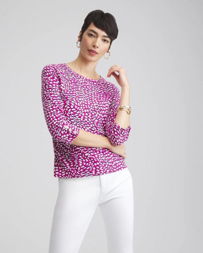 Chicos Squares 3/4 Sleeve Button Tee - MAGENTA ROSE