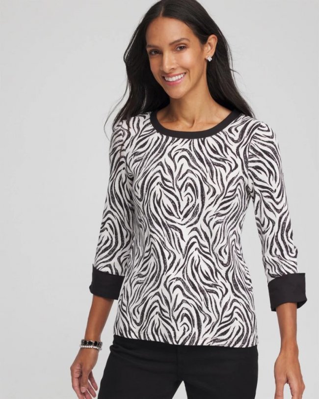 Chicos Pima Jewel Neck Contrast Tee - BLACK