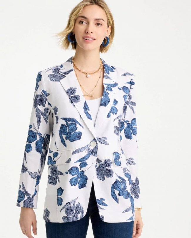 Chicos Linen Printed Piped Boyfriend Blazer - ALABASTER Chicos Linen Printed Piped Boyfriend Blazer - ALABASTER