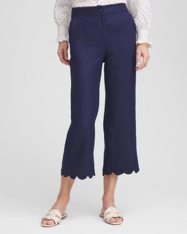 Chicos Linen Scallop Hem Crop Pants - PASSPORT BLUE