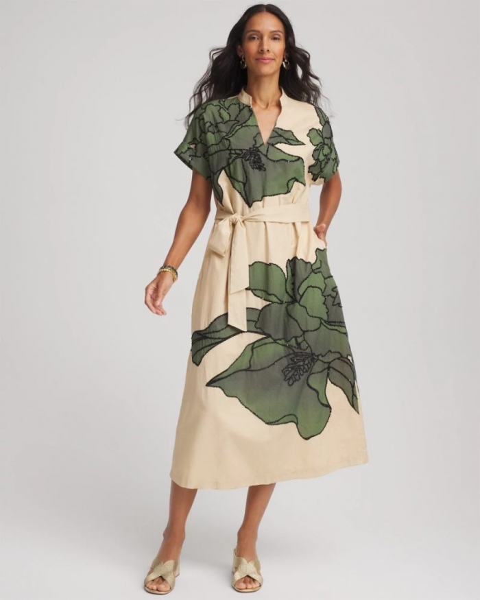 Chicos Printed Cotton-Voile Popover Midi Dress - SANDSTONE