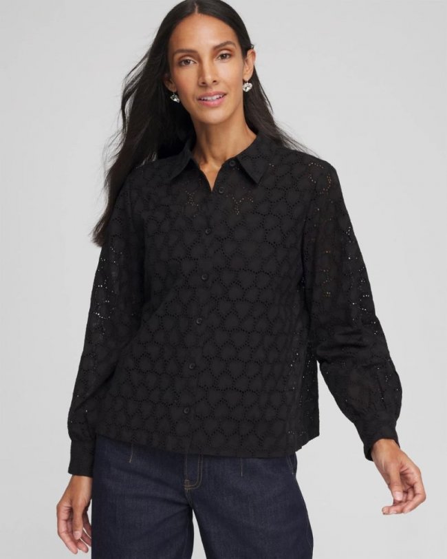 Chicos Heart Eyelet Shirt - BLACK