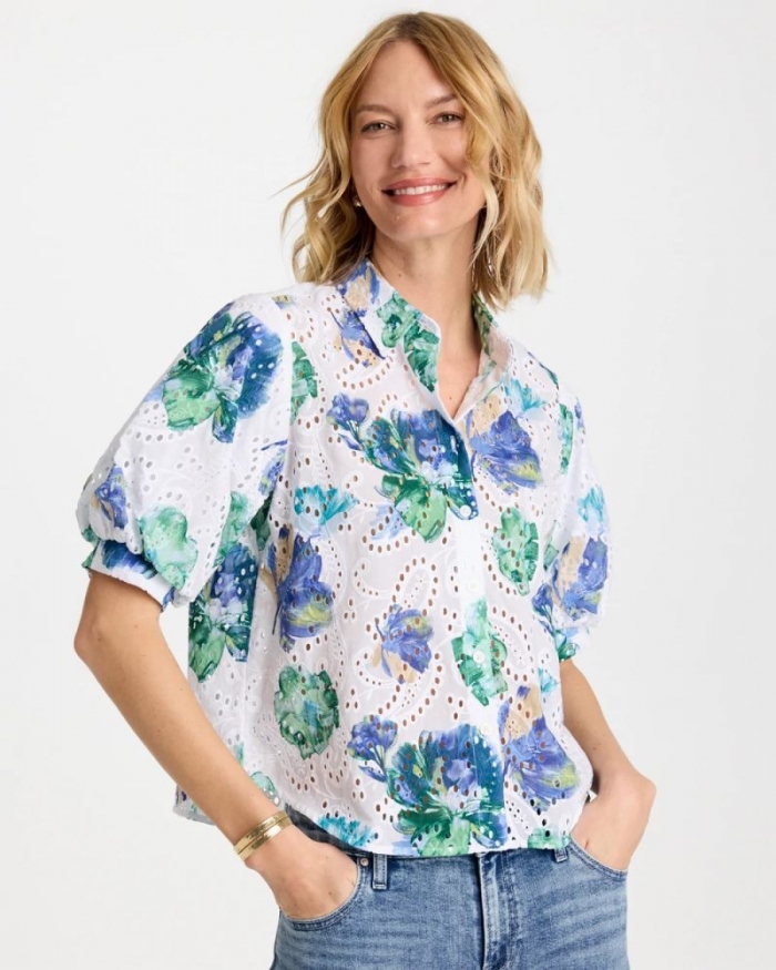 Chicos Floral Paisley Eyelet Blouse - PASSPORT BLUE