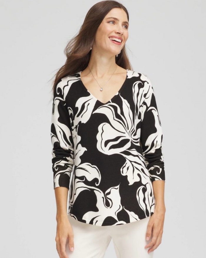 Chicos Ella Printed V-Neck Sweater - BLACK