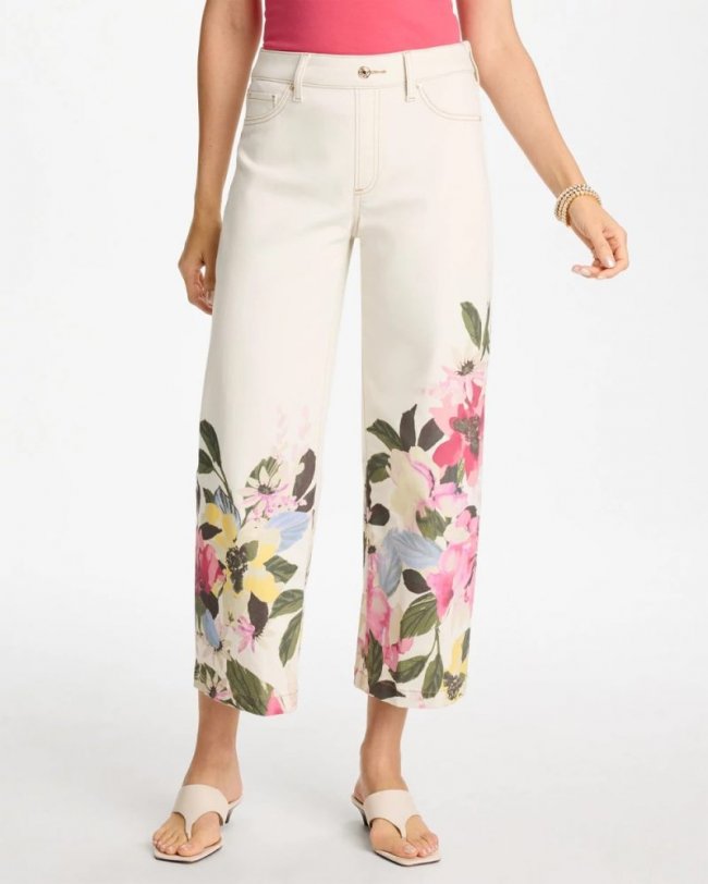 Chicos Printed Pull-On Wide Crop Jeans - SEA SALT