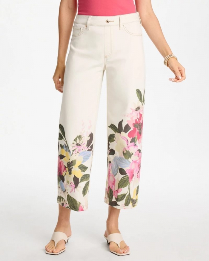 Chicos Printed Pull-On Wide Crop Jeans - SEA SALT