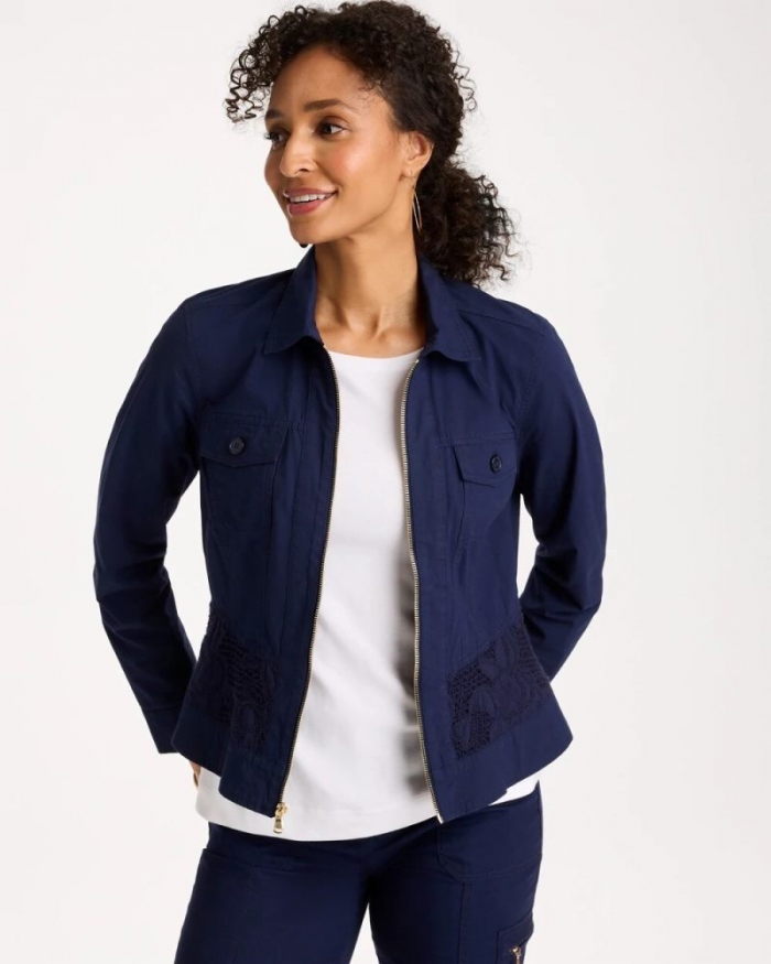 Chicos Poplin Cotton Lace Peplum Jacket - PASSPORT BLUE