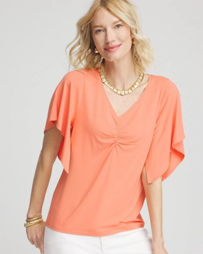 Chicos Touch of Cool™ Handkerchief-Sleeve V-Neck Tee - SUNSET PEACH Chicos Touch of Cool™ Handkerchief-Sleeve V-Neck Tee - SUNSET PEACH