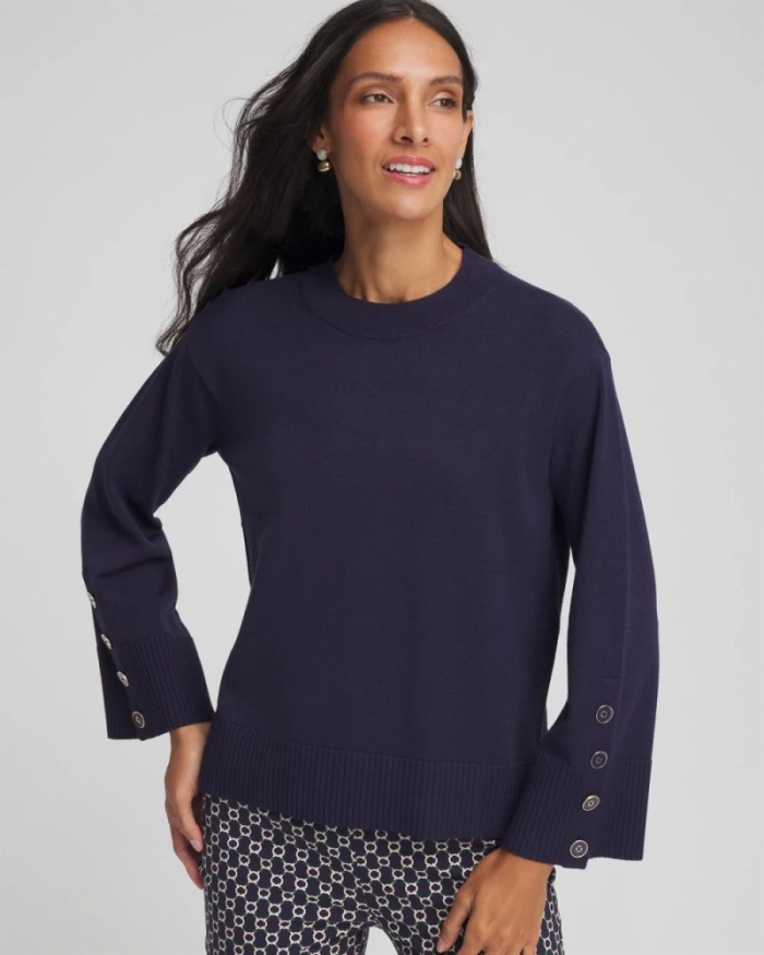 Chicos Button Sleeve Crewneck Pullover - PASSPORT BLUE