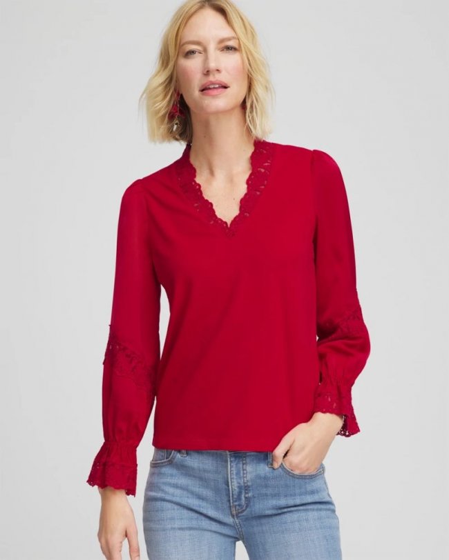 Chicos Lace V-Neck Top - CARMINE RED