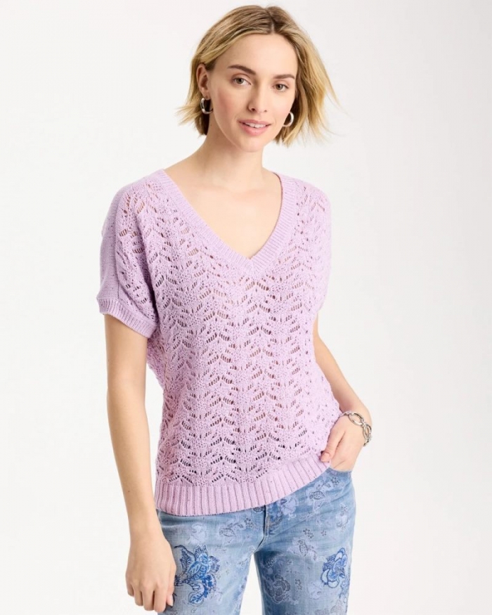 Chicos Sequin Pointelle Pullover - ORCHID MIST