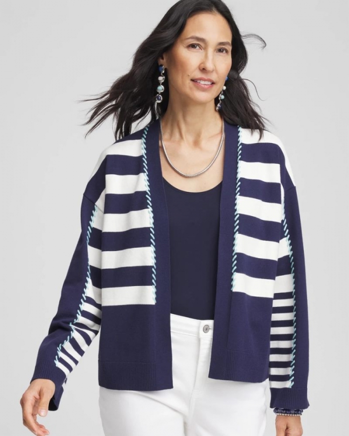 Chicos Striped Cardigan - PASSPORT BLUE