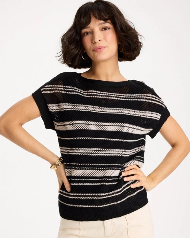 Chicos Striped Mesh Stitch Pullover Sweater - BLACK