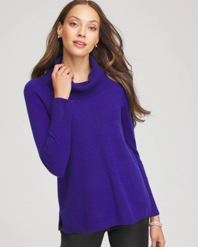 Chicos Cowlneck Cashmere Pullover Tunic - COBALT